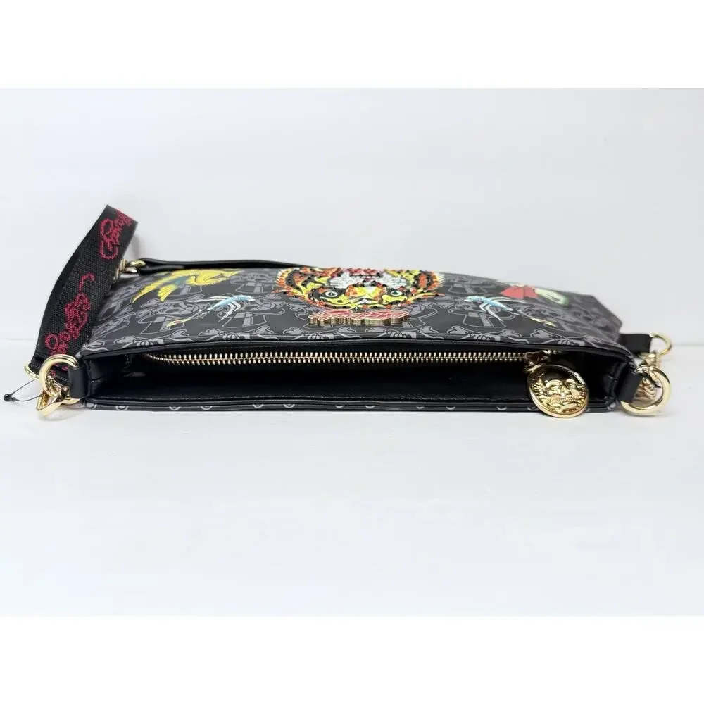 Ed Hardy Black Striking Tiger Tattoo Art With Rhinestones Shoulder Bag w/Charms